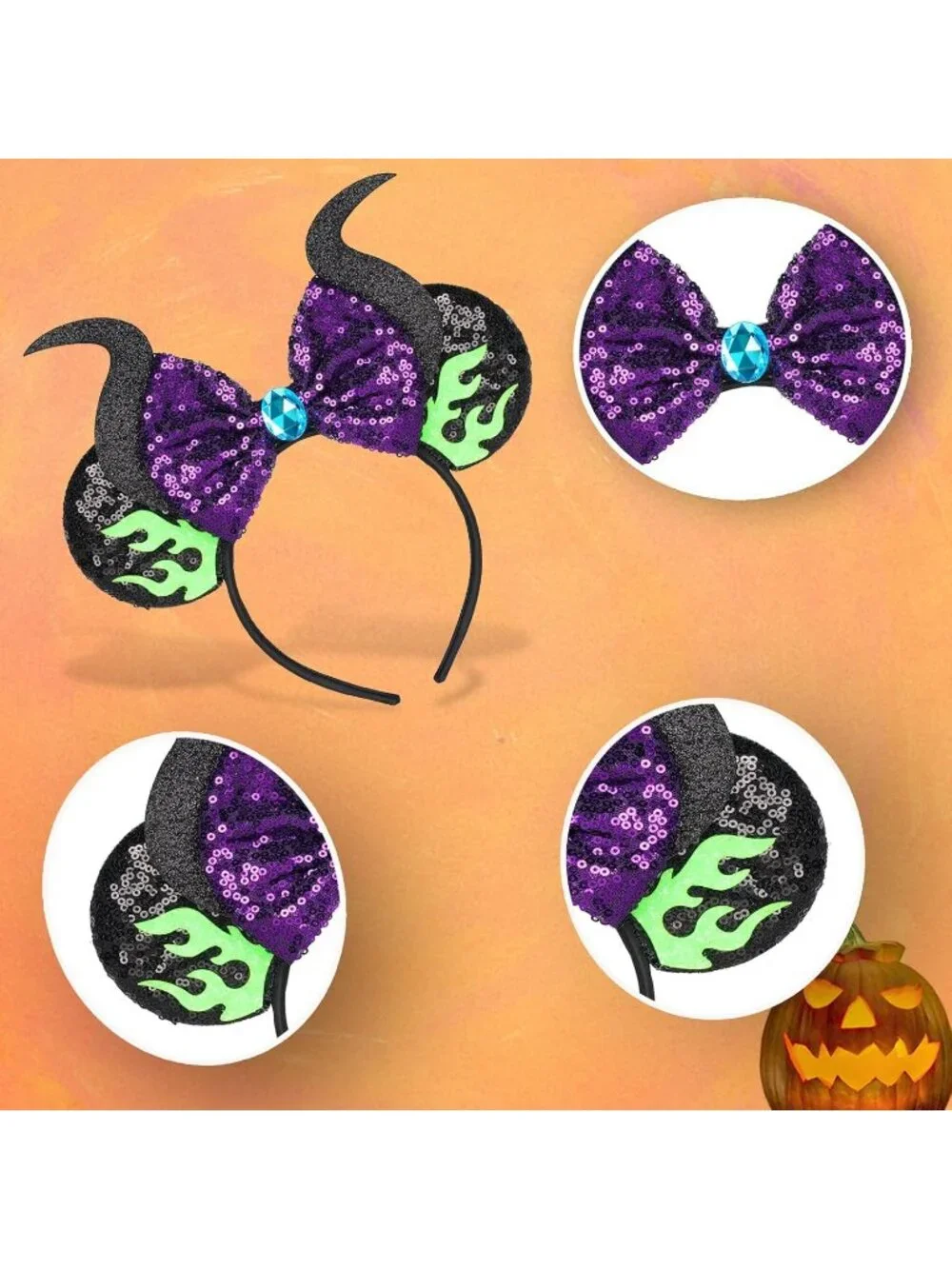 Women Green Purple Sequin Handmade Mickey Mouse Headband 2 Pieces